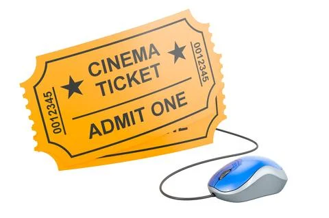 Cinema tickets with computer mouse, 3D rendering Stock Illustration