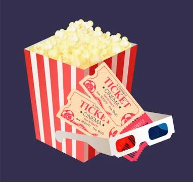 Cinema Tickets for Two, Popcorn Package Glasses Stock Illustration