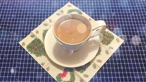 Cinemagraph - Animated snow falling on the white cup of coffee with heart shaped Stock Footage 100791623
