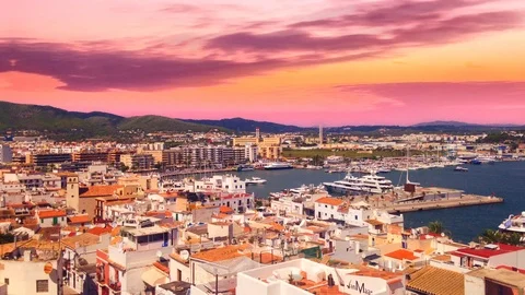 Cinemagraph - Clouds floating over the port of the Town of Ibiza on Ibiza Island Stock Footage 100794734
