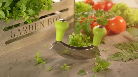 Cinemagraph kitchen herbs and tomatoes with a mezzaluna knife Stock Footage 110730357