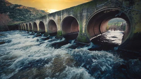 Cinemagraph of loop of River dam made of pipes under a bridge in a forest road  Stock Footage 152180350