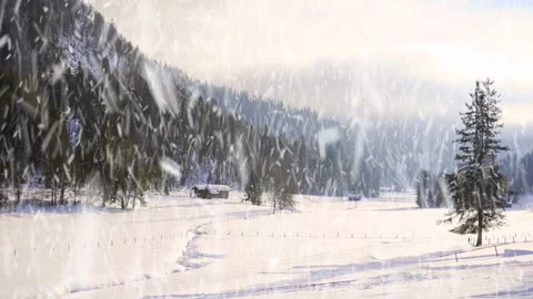 Cinemagraph loop of snow storm falling on mountain valley landscape Stock Footage 151990088