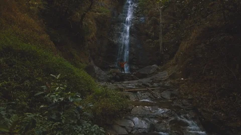 Cinemagraph of man standing in front of beautiful waterfall hidden in forest Stock Footage 87305676