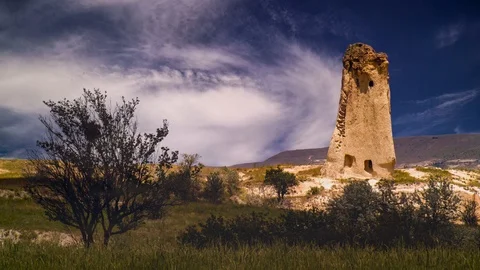 Cinemagraph parallax effect of swirling clouds behind Cappadocia Turkey Stock Footage 109669802