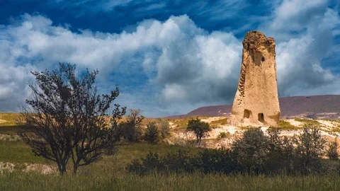 Cinemagraph parallax effect of swirling clouds behind Cappadocia Turkey Stock Footage 109669900