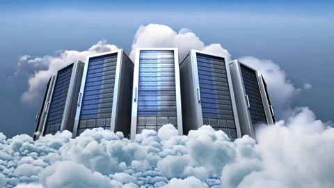 Cinemagraph of slow moving clouds over computer server towers against blue sky Stock Footage 258550729