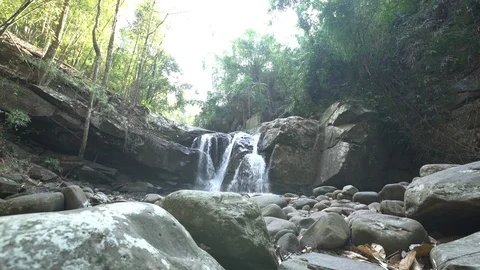 Cinemagraph of waterfall in rainforest with rocks in foreground Video stock 87216797