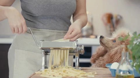 Cinemagraph - Woman's hands use a pasta cutting machine. Stock Footage 86060802