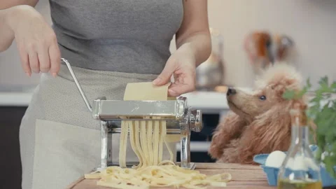Cinemagraph - Woman's hands use a pasta cutting machine. Video stock 86060950