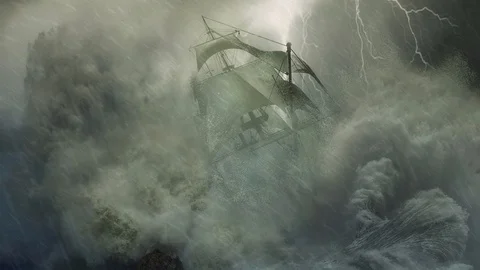 Cinemagraph of wooden sailing ship in ocean storm of rain and waves Stock Footage