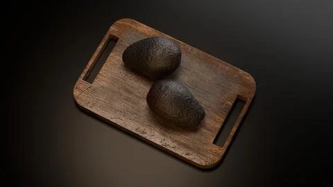 Cinematic 3D render of two avocados on rustic wooden cutting board with moo.. 스톡 일러스트