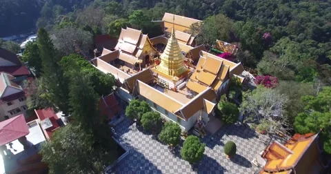 CINEMATIC 4K AERIAL SEQUENCE - FLY BY + CRANE TILT SHOT OF DOI SUTHEP TEMPLE Stock Footage 60434705