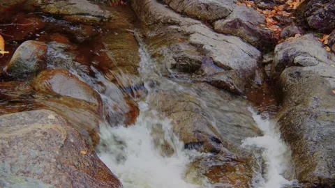 Cinematic 4K close-up view of a clear creek flowing through Roaring Brook Falls Stock Footage 304240034