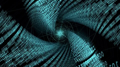 Cinematic 4K digital data tunnel with glowing blue binary code streams and .. Видео 345982685