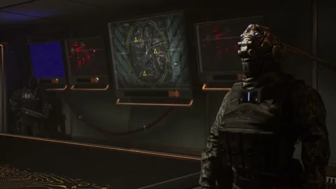 Cinematic action: cyborg guards secure glowing command base Stock Footage 138195273