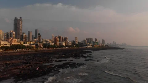 Cinematic Aerial Drone sea view Bandra Worli sea link, Mumbai City Sunset 4k Stock Footage 126150737