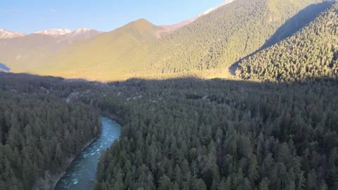 Cinematic aerial drone view of a lush mountain valley and river Vídeos de archivo 337534412