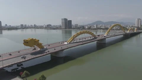 Cinematic Aerial Perspective of Dragon Bridge Vietnam Tourism Landmark Stock Footage 329953473