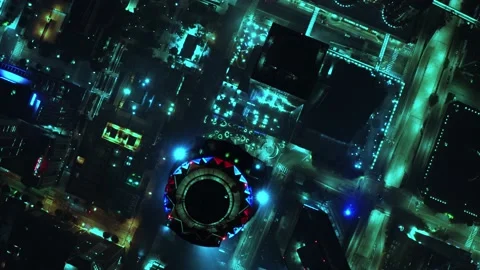 Cinematic aerial of Sci-Fi version of Downtown Los Angeles Stock Footage 134664045