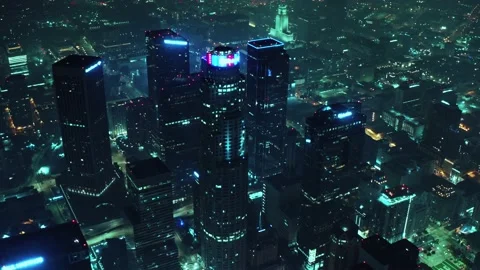 Cinematic aerial of Sci-Fi version of Downtown Los Angeles Stock Footage 134664214