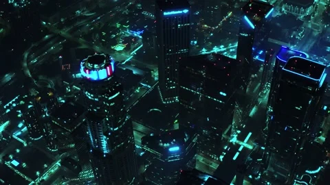 Cinematic aerial of Sci-Fi version of Downtown Los Angeles Stock Footage 134664288