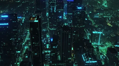 Cinematic aerial of Sci-Fi version of Downtown Los Angeles Stock Footage 134664355