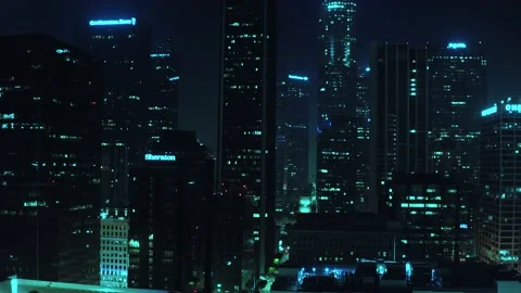 Cinematic aerial of Sci-Fi version of Downtown Los Angeles Stock Footage 134664387