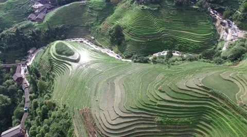 CINEMATIC AERIAL SEQUENCE FOLLOW REFLECTION + PAN SHOT OF PINGAN RICE TERRACES Stock Footage 65246564