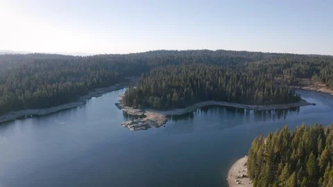 Cinematic Aerial Shot Looking Down from a Lake Island Into an Evergreen Forest Stock-Footage 123079778
