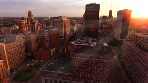 Cinematic aerial sunrise over Buffalo NY city Stock Footage