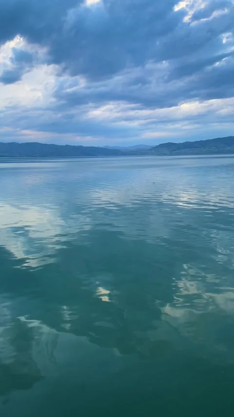 Cinematic Aerial Turn from Willow Tree Toward Boat on Scenic Mountain Lake Stock Footage 342650232