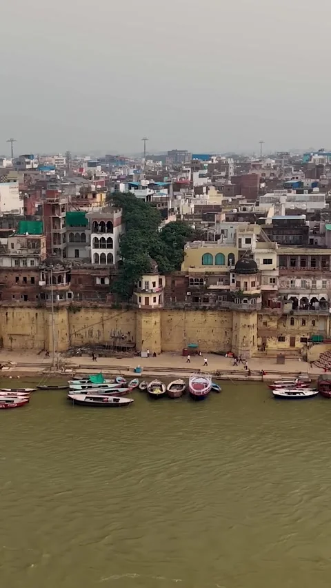 Cinematic Aerial Video Looking Down on Varanasi Ghats (Vertical) Stock Footage 321610001