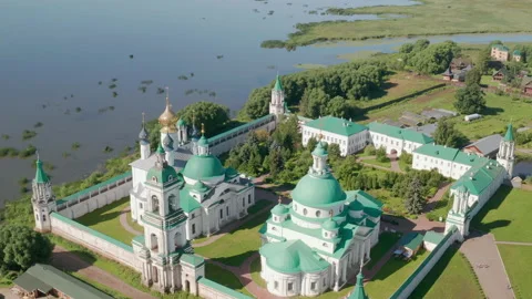 Cinematic aerial video of old Spasso-Yakovlevsky Monastery in Rostov Veliky Stock Footage 139951653
