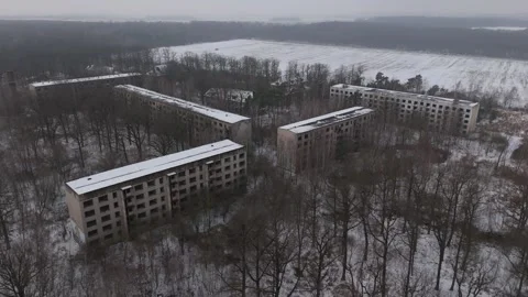 Cinematic Aerial View of an Abandoned Soviet Barracks in Winter, Germany Stock Footage 328732698