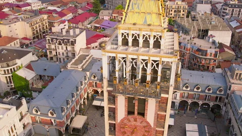 Cinematic Aerial View Of Clock Tower At Piazza Square In Batumi, Georgia Video stock 236246140