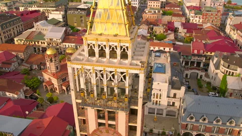 Cinematic Aerial View Of Clock Tower At Piazza Square In Batumi, Georgia Video stock 236246273
