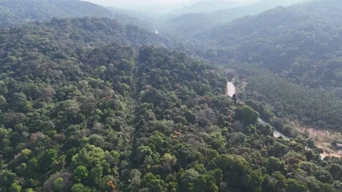 Cinematic aerial view of the dense forested hills near Sirsi featuring a long Stock Footage 336202040
