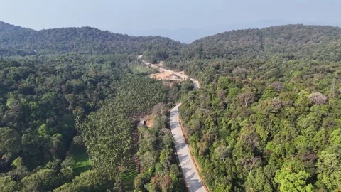 Cinematic aerial view of the dense forested hills of Yemmagundi featuring Stock Footage 336202070