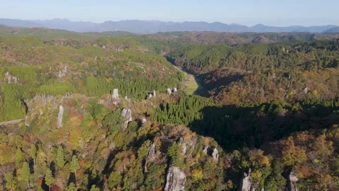 Cinematic Aerial View of Early Fall Mountain Scenery in Japan Stock Footage 336965148