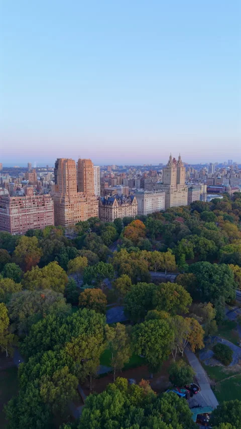Cinematic aerial view over Central Park and Midtown Manhattan skyline at sunset 動画素材 329748122