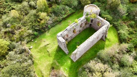 Cinematic Aerial View of Rait Castle Ruins, Historic Hall House in Nairn Stock Footage 330666496