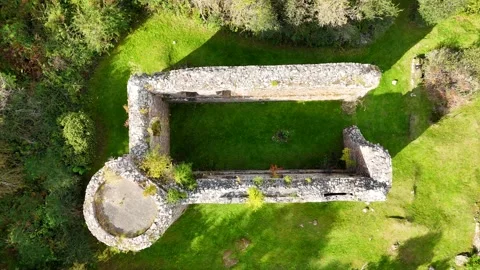 Cinematic Aerial View of Rait Castle Ruins, Historic Hall House in Nairn Stock Footage 330666502