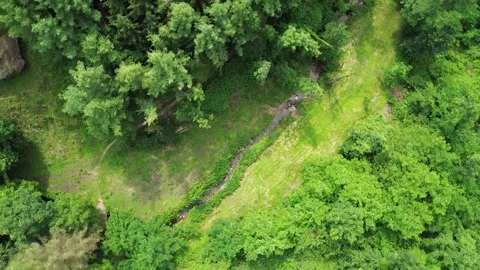 Cinematic aerial view with top down twist effect about a little river surro.. Stock Footage 278804145