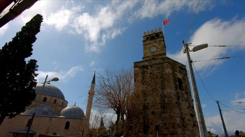 Cinematic Antalya Clock Tower And Murat Pasa Mosque In Old Town,Turkey Stock Footage 125976579