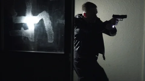 Cinematic Armed Police Officers Stealth Maneuver, Aim Guns At Night, 4K Crime Stock Footage