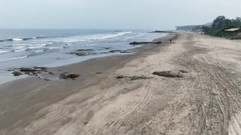 Cinematic ascending shot of a peaceful beach landscape with palm trees in Goa Video stock 339549953