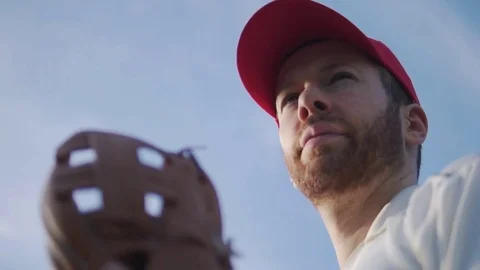 Cinematic Baseball Pitcher In Slow Motion, Thinking About The Game Видео