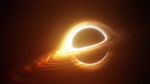 Cinematic black hole rotating through deep space with glowing accretion disk Stockbeeldmateriaal 334491935