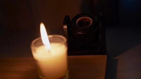 Cinematic Burning Candle And Diffuser In Dark Room Stock Footage 347824311